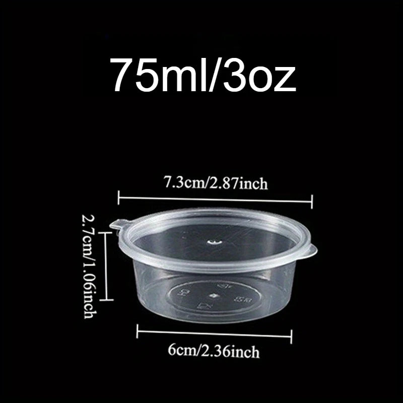 A clear plastic disposable sauce cup with a lid, measuring 75ml or 3oz.