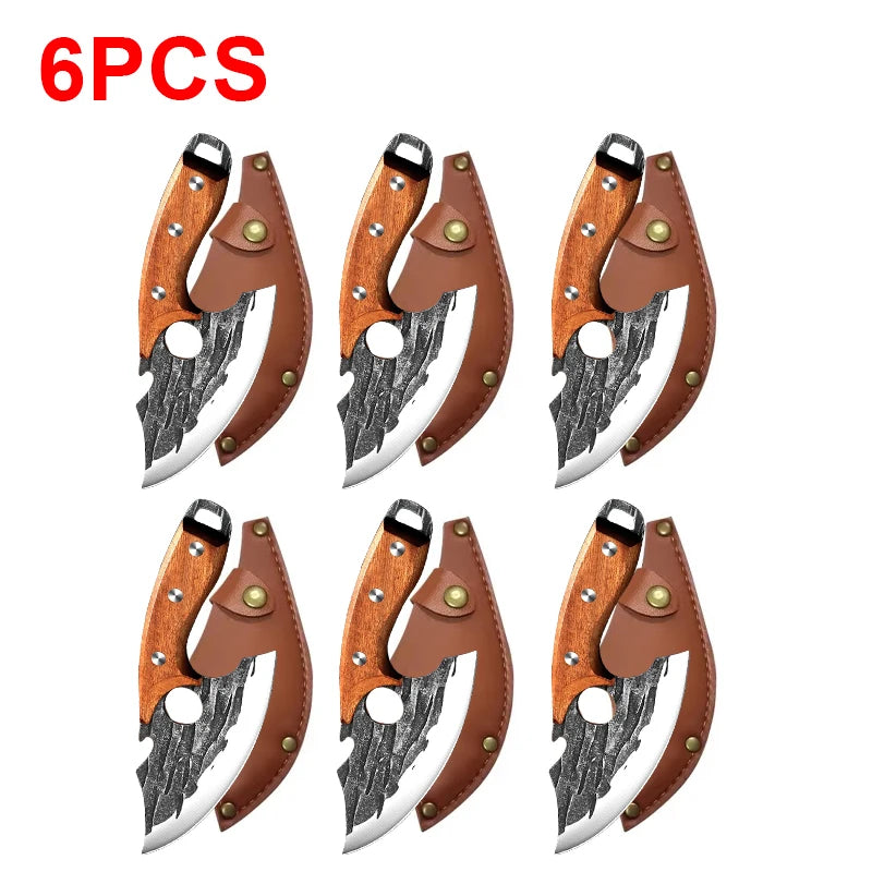 Six forged stainless steel meat cleavers with bottle openers displayed in a row.