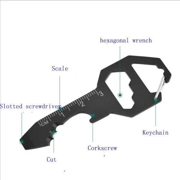 Schwarzes Multitool mit Sechskantschlüssel, Schlitzschrauber, Korkenzieher und Schnittkante.
