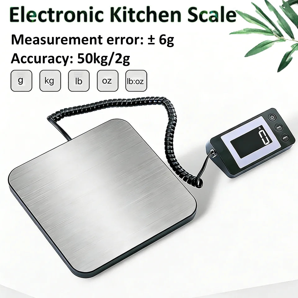 A silver electronic kitchen scale with a digital display and cord is shown on a white surface.