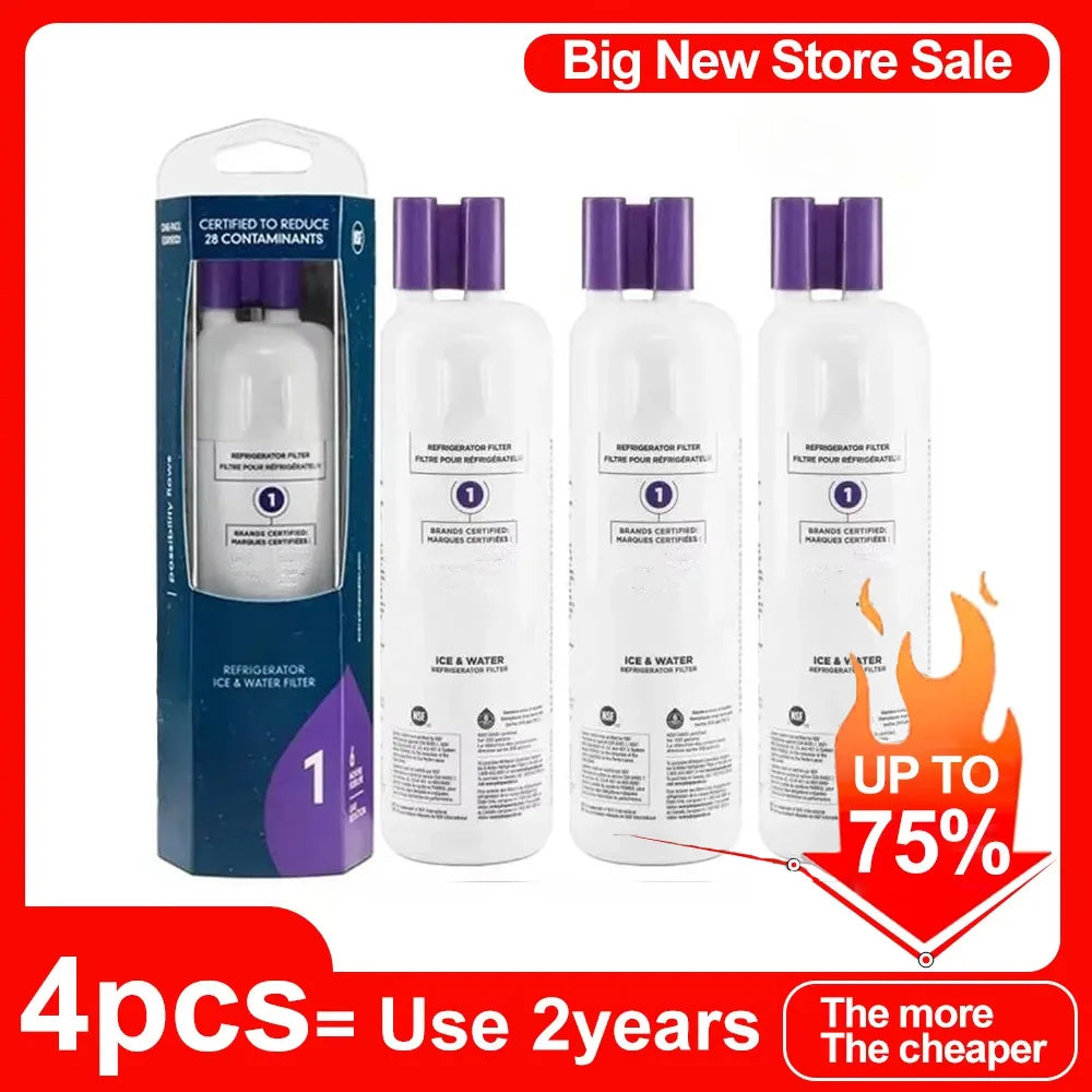Four replacement refrigerator water filters packaged for a big new store sale