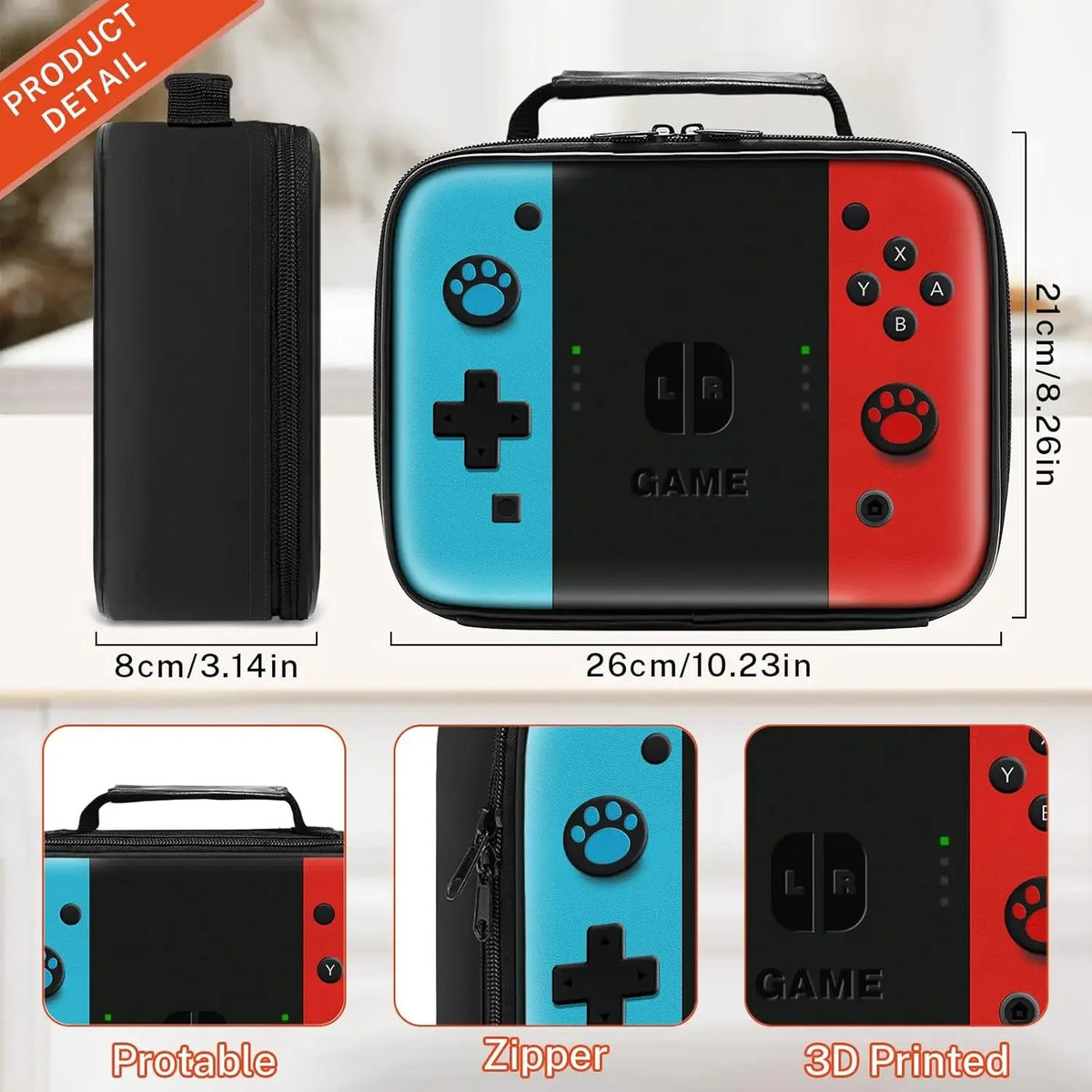 A black insulated thermal lunch bag with a red and blue game controller design shown in various views.