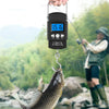 A hand holds a black portable digital hanging scale with a measuring tape, suspended over a fish in a river.