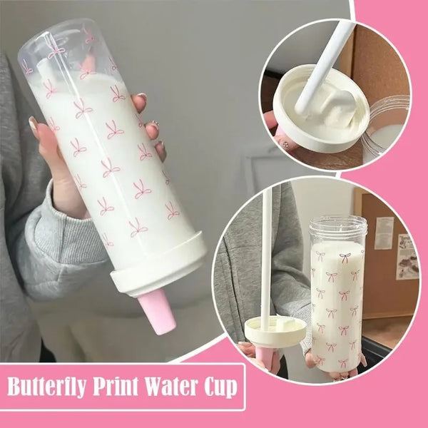 A butterfly print water cup with a pink straw is shown in various angles.