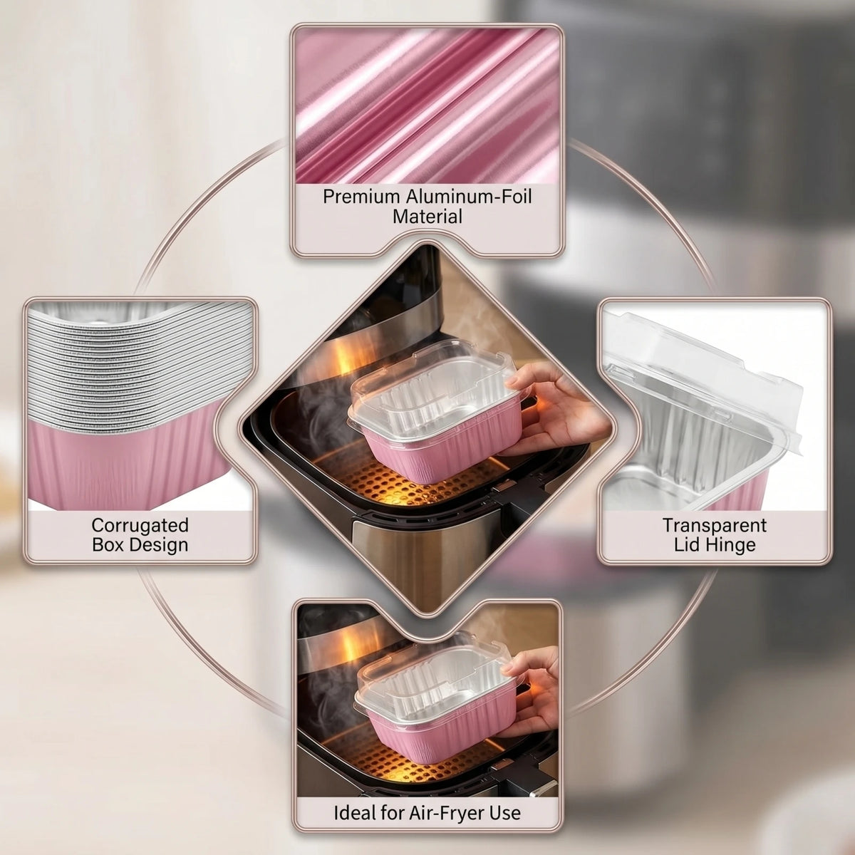 Diagram showing features of premium aluminum-foil baking cups including corrugated box design, transparent lid hinge, and sui