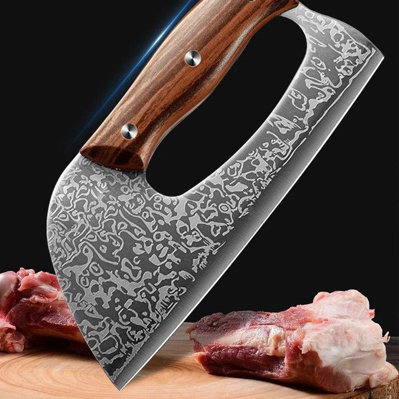 A hand-forged stainless steel chef knife with a wooden handle is shown next to raw meat on a wooden cutting board.