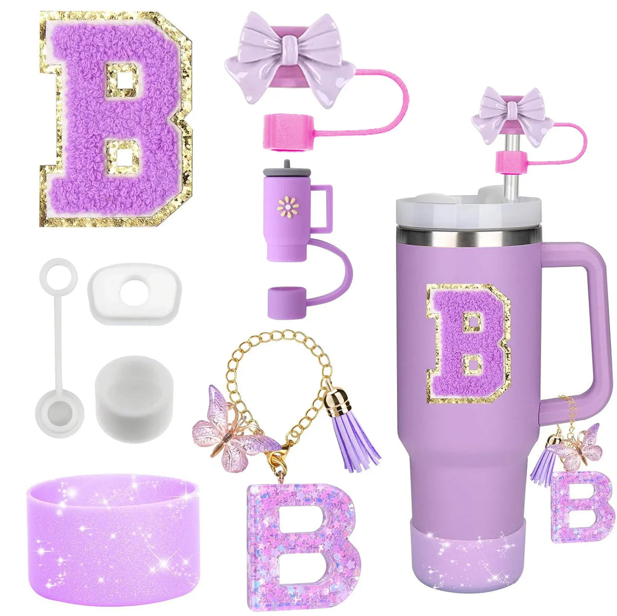 A set of purple silicone straw toppers and accessories for tumblers, including a large letter B and various pink accents.