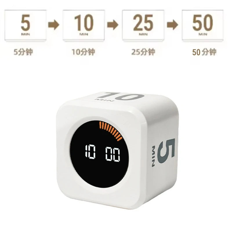 A white productivity cube timer displaying 10 minutes remaining, with options for 5, 10, 25, and 50 minutes.