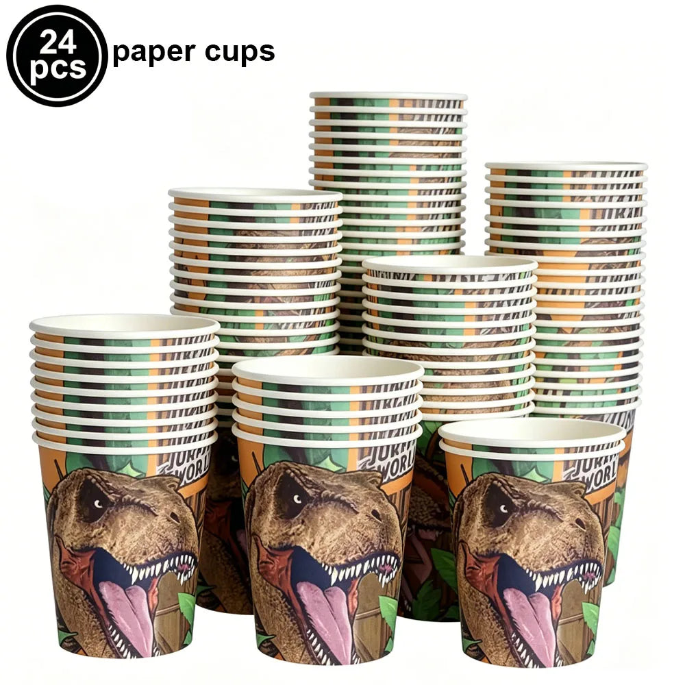 A set of 24 paper cups featuring dinosaur designs for cupcakes or treats.