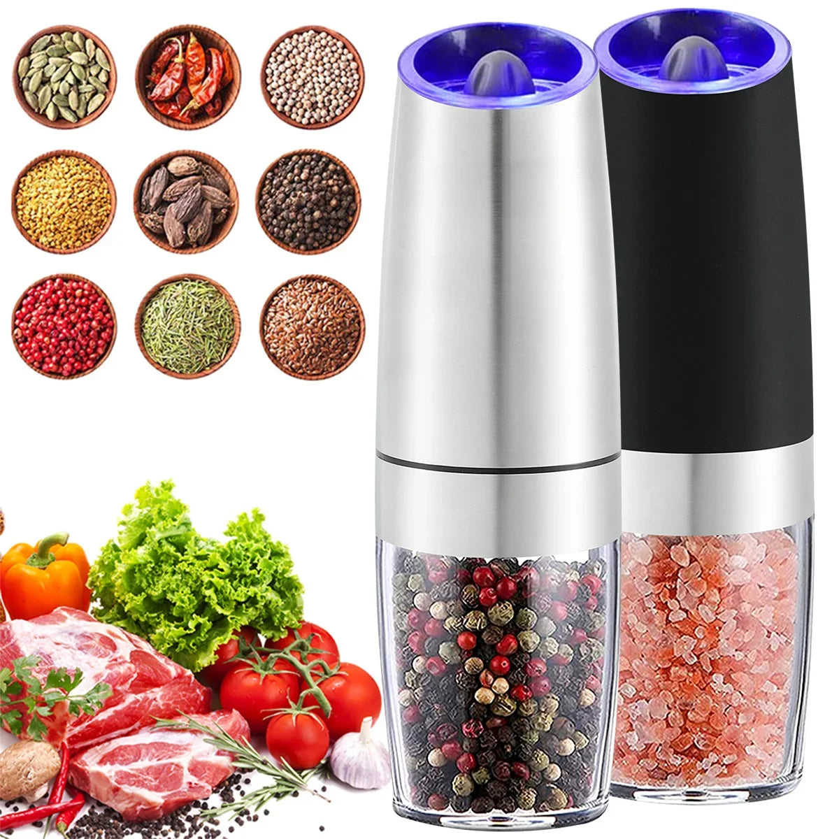 A silver electric automatic spice and salt grinder with various spices and salts displayed around it.