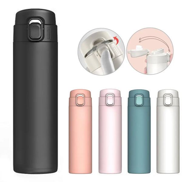 A set of insulated stainless steel vacuum flasks in black, pink, teal, and white.