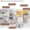 A clear glass tea pot with a handle and lid, featuring a stainless steel bottom and filter, used for brewing.
