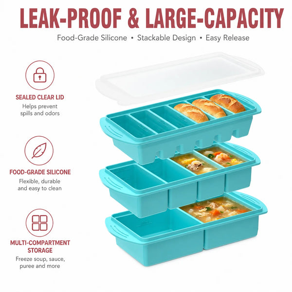 A stack of teal silicone food trays with sealed lids, designed for multi-compartment storage and easy release.
