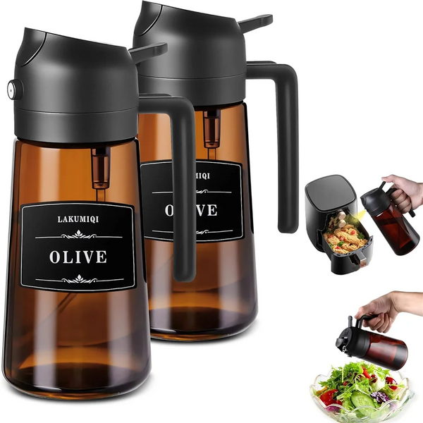 Schwarze Glasölspenderflasche mit schwarzem Sprüher und einem kleinen Glas-Tropfer.