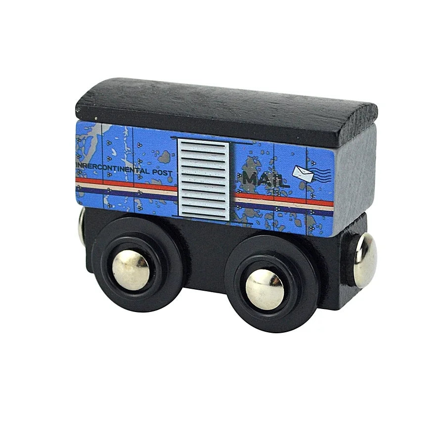 A black wooden magnetic train car set with blue and white paint details and a silver mail slot.
