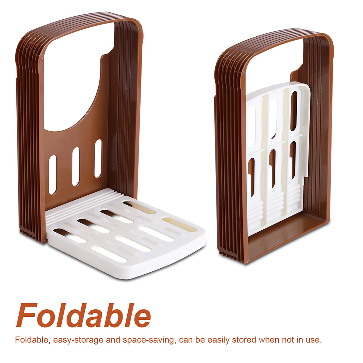 A brown foldable ceramic bread and toast cutter with a white insert, shown in two views.
