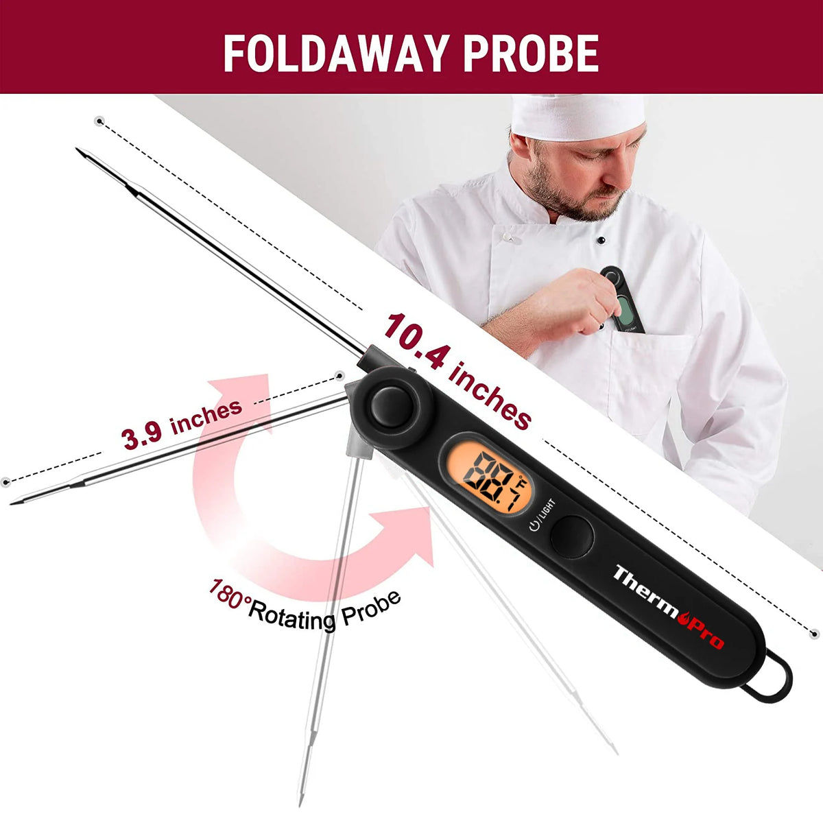 A black digital kitchen meat thermometer with a folding probe is shown being used by a chef.