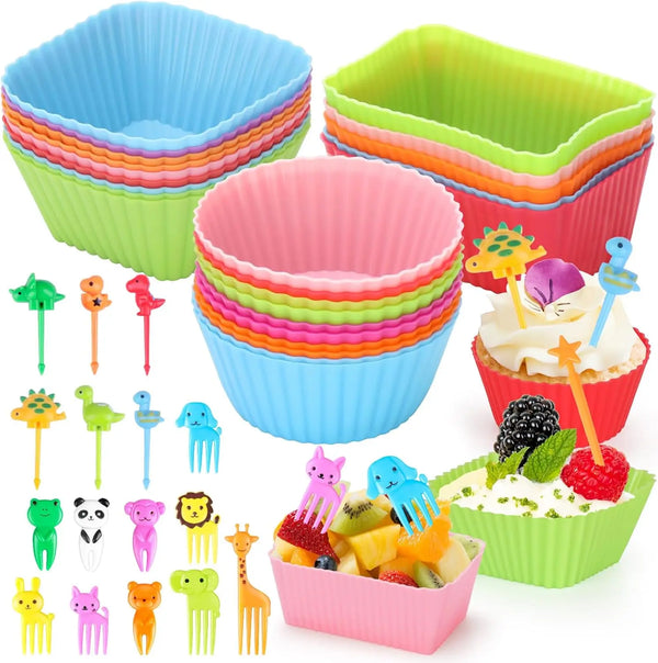 Bunte Silikon-Lunchbox-Einlagen und Obstgabeln für Kinder in verschiedenen Farben und Formen.