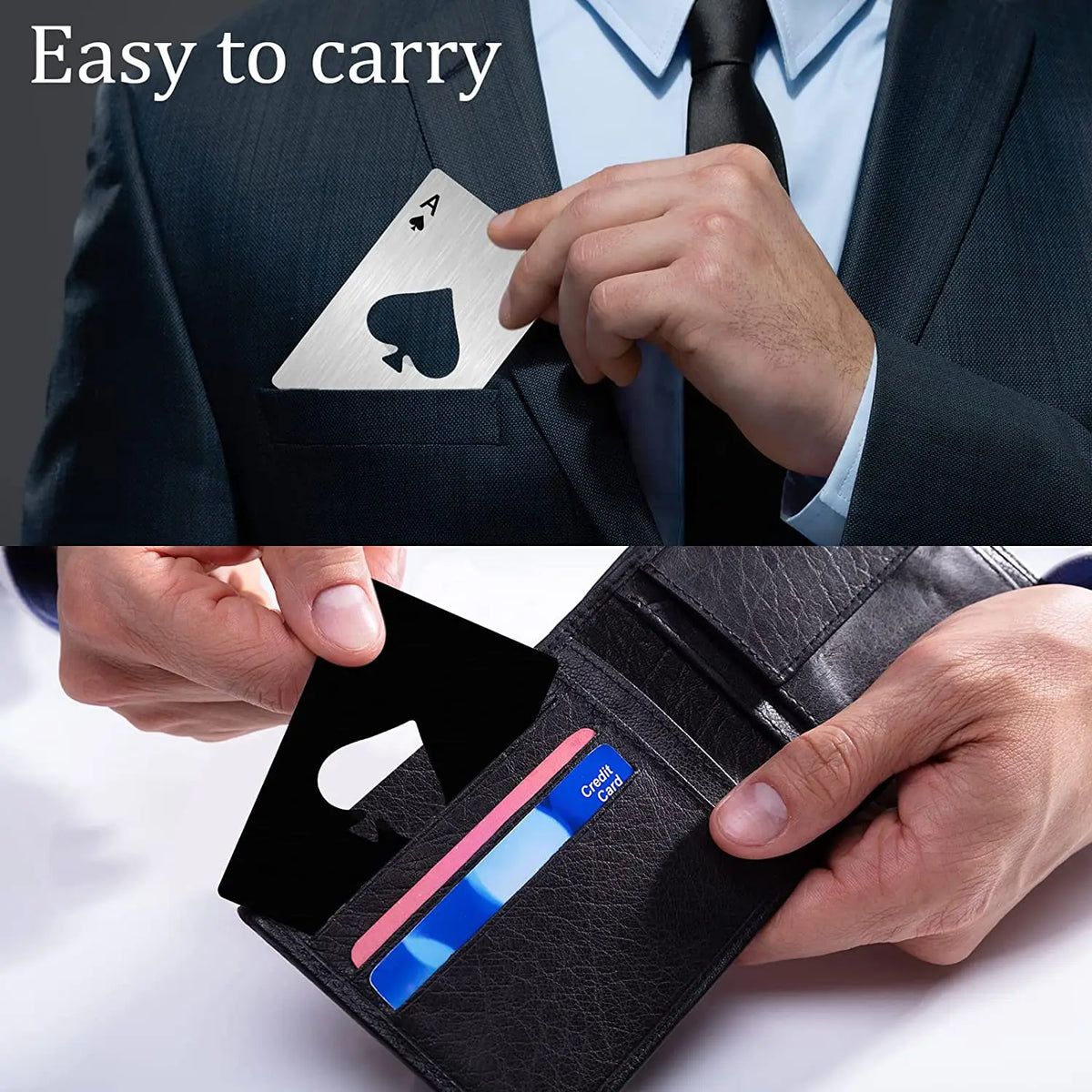 A hand holds a black leather wallet with a creative poker shaped bottle opener.