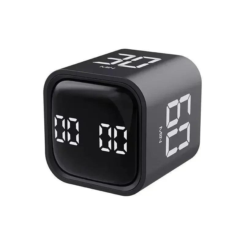 A black productivity cube timer displaying 00:00, featuring a digital display and gravity sensor functionality.