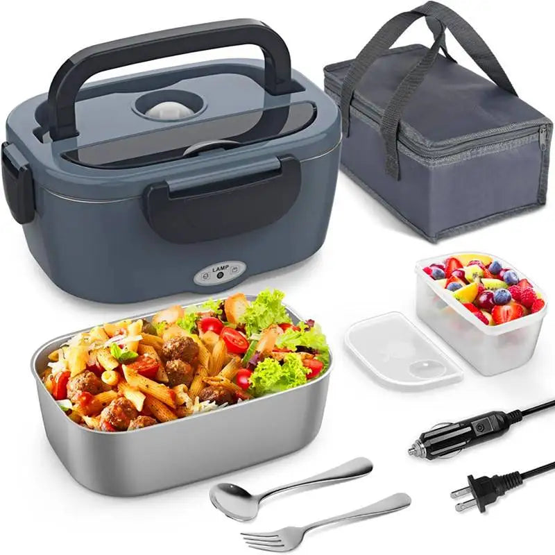 A portable electric heated lunch box with a lid, food, and cutlery shown in various configurations.