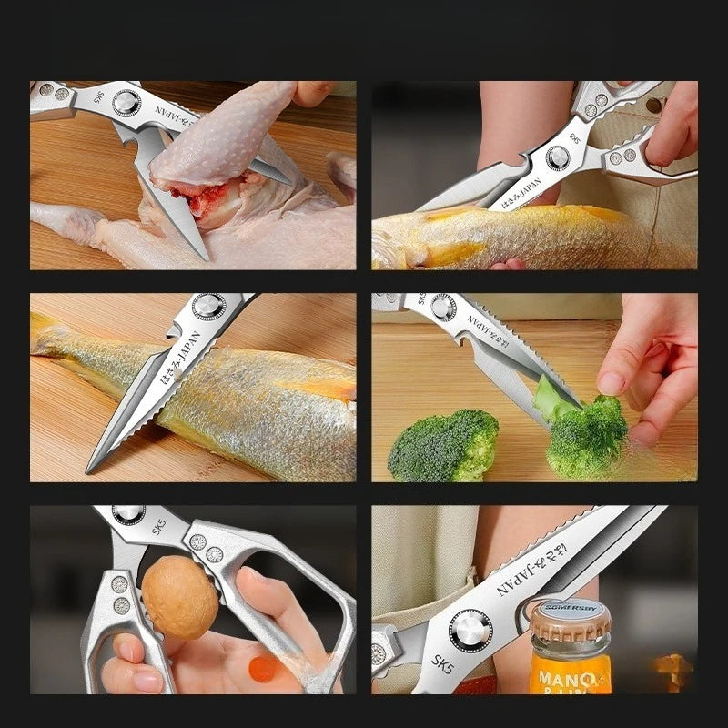 Professional titanium kitchen shears used for processing meat, fish, and vegetables.