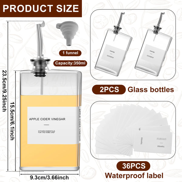A set of two glass bottles for apple cider vinegar with waterproof labels and a funnel