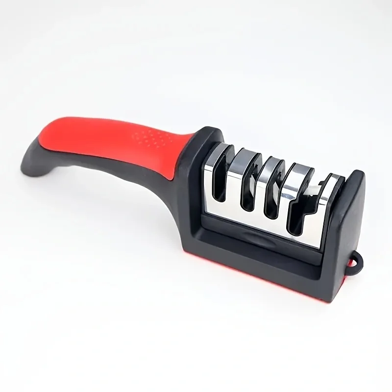 A black and red manual knife sharpener with four stages of sharpening rods.