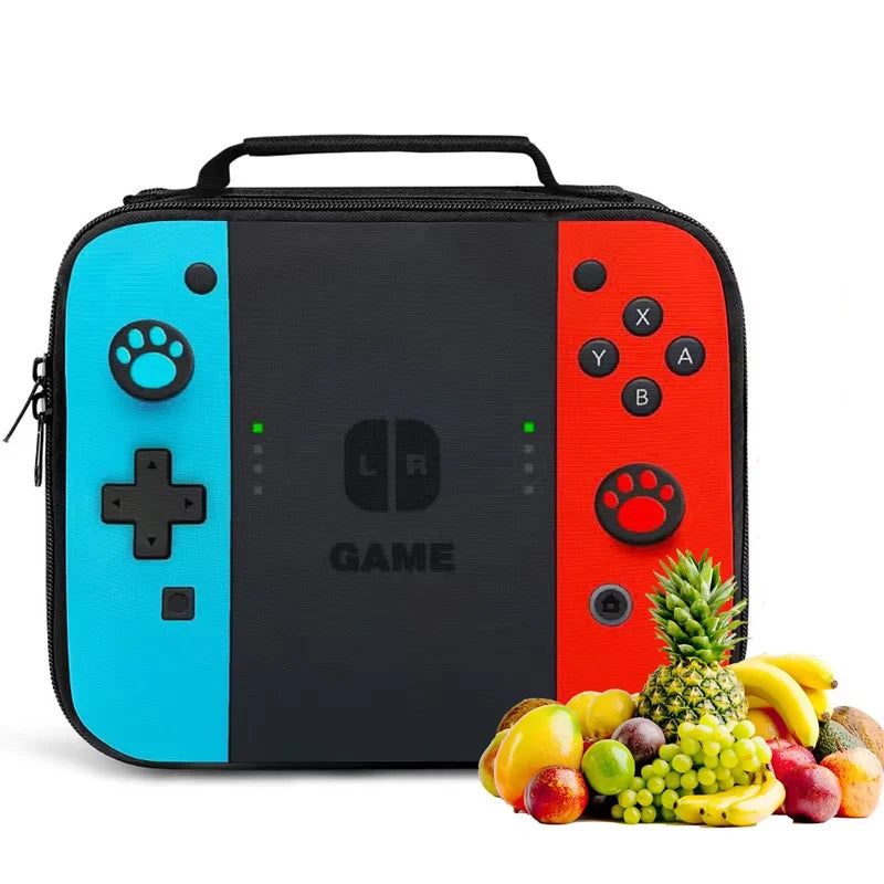 A black insulated thermal lunch bag featuring a vibrant blue and red design with game controller buttons and tropical fruit.