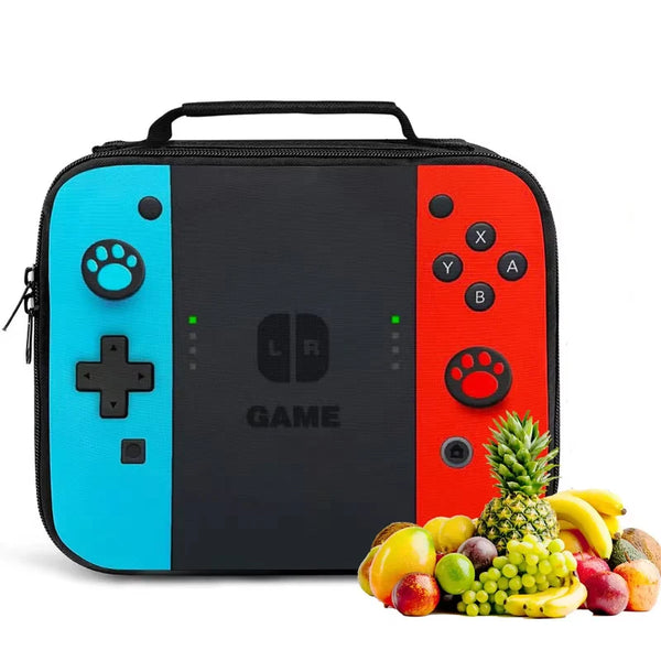 Schwarze isolierte Thermotasche mit leuchtend blau-roter Gestaltung, Spielcontroller-Tasten und tropischen Früchten.