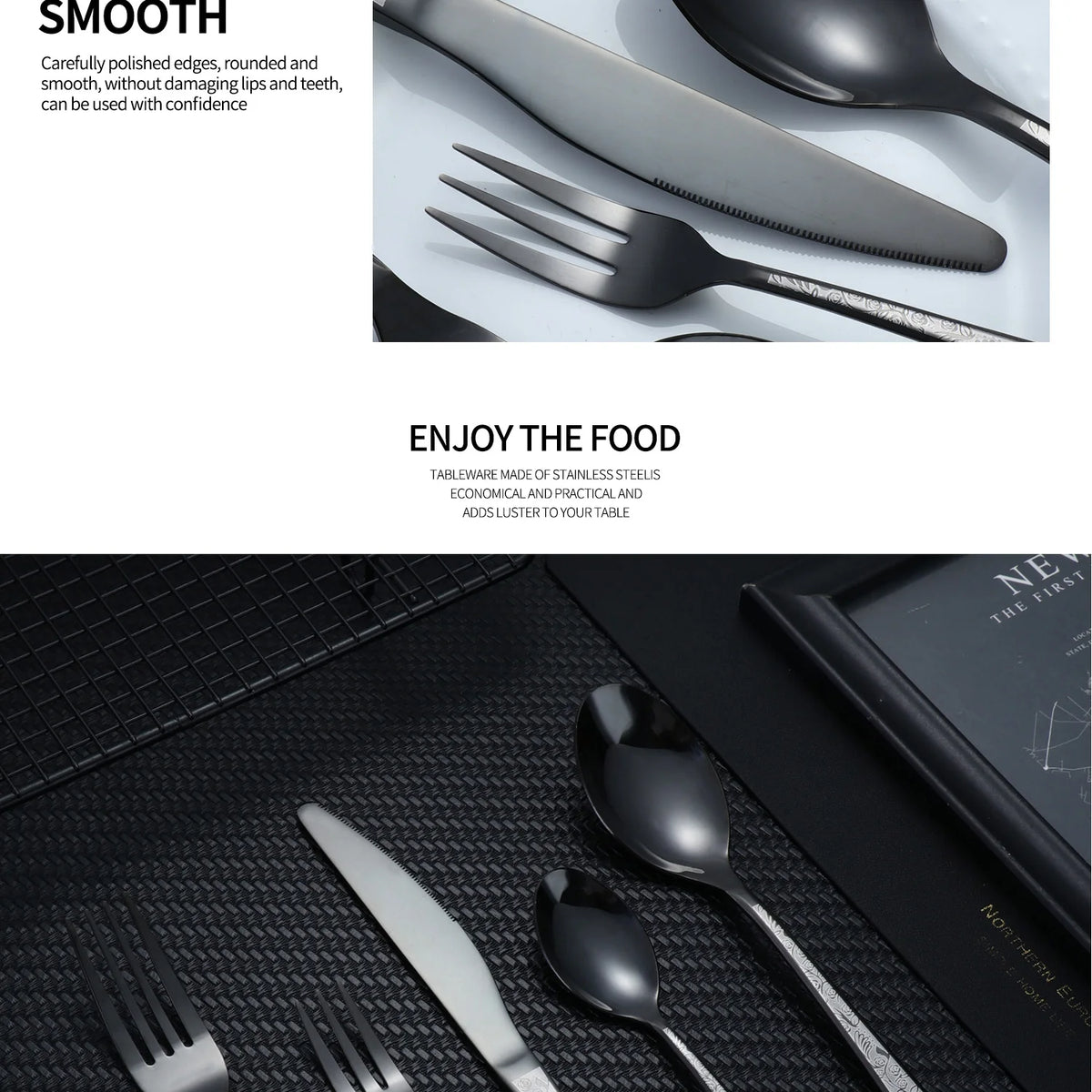 A set of stainless steel cutlery including a knife, fork, and spoon with a skull pattern design.