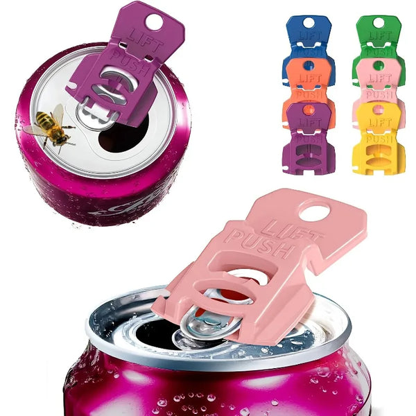 Set wiederverwendbare Metall-Dosenöffner in verschiedenen Farben, einschließlich lila, pink und grün, neben einer Metalldose.