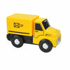 A yellow wooden magnetic train car set with a box cargo and headlights.