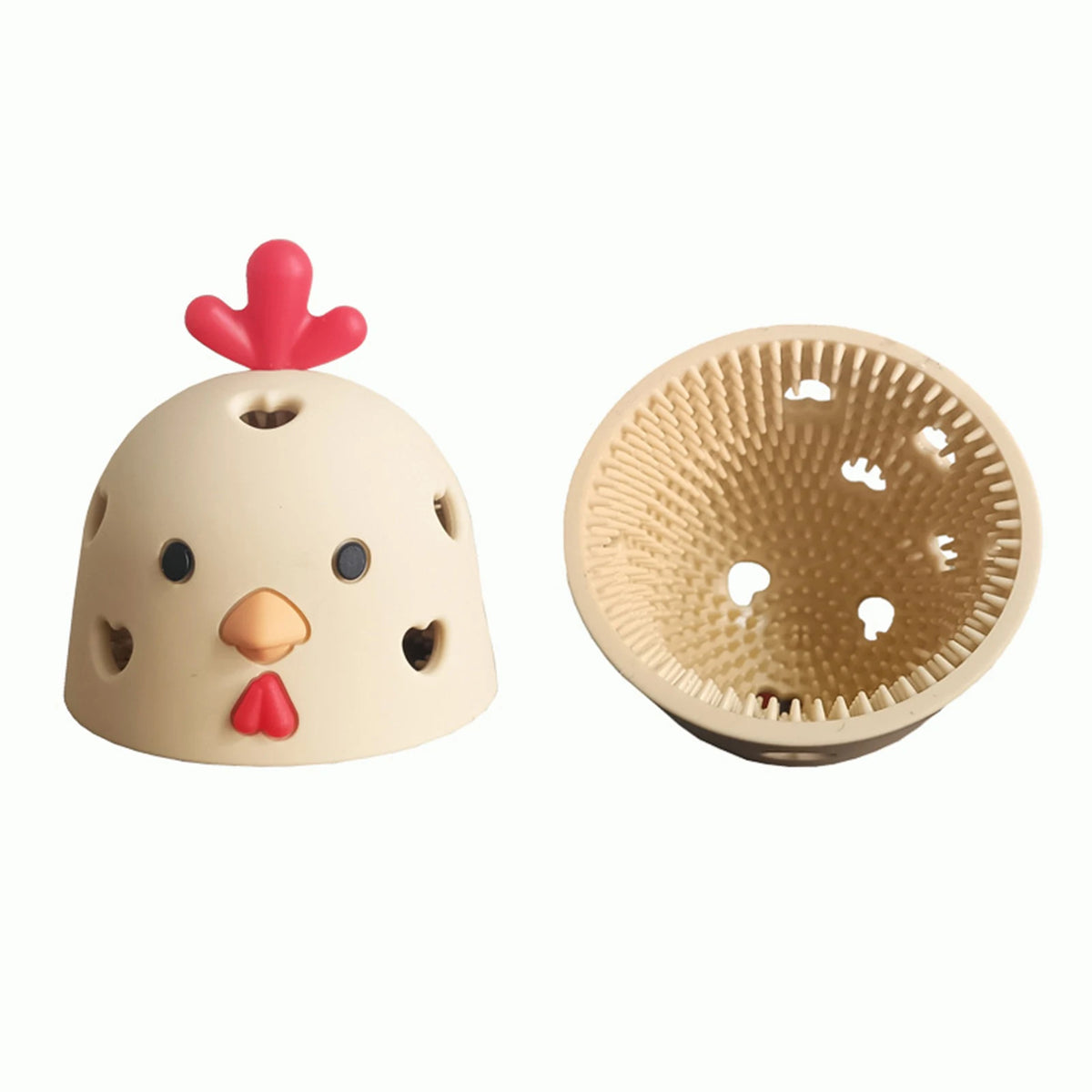 A silicone egg cleaning brush shaped like a bird, with a perforated bowl for cleaning poultry and produce.