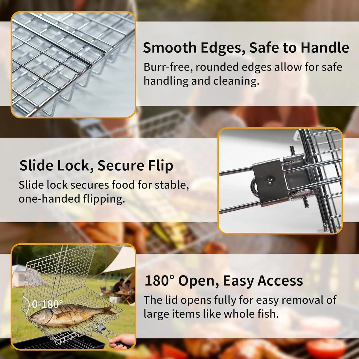 Cesta plegable portátil para barbacoa con bordes suaves, seguro deslizante y apertura de 180 grados para fácil acceso.