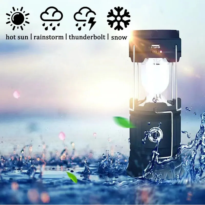 A portable solar LED flashlight is shown illuminating water splashes and a sunset background.