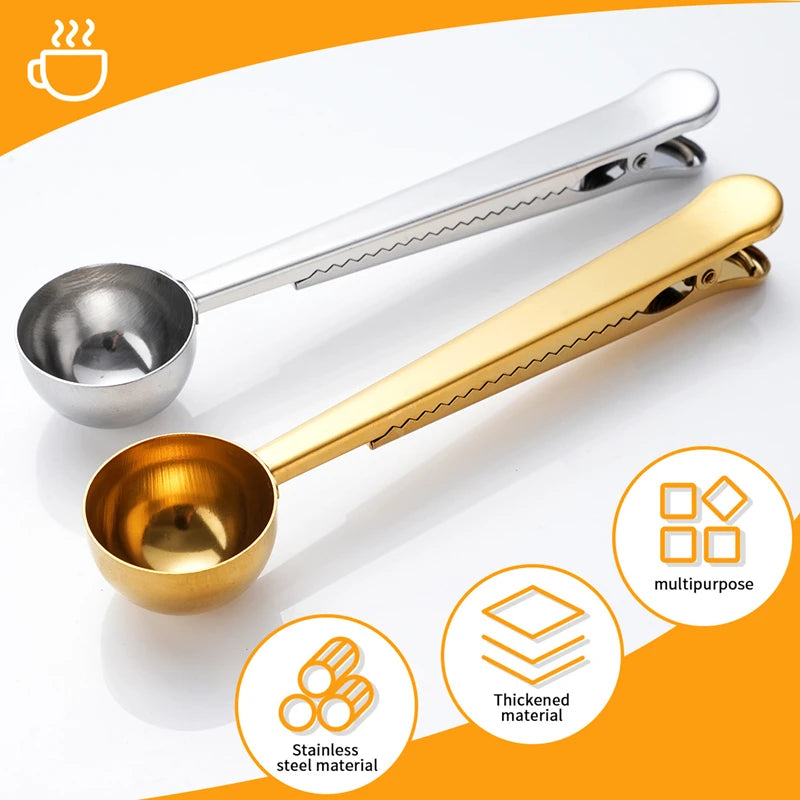 A gold-colored stainless steel measuring scoop with a handle and a silver spoon, highlighting its multipurpose use.