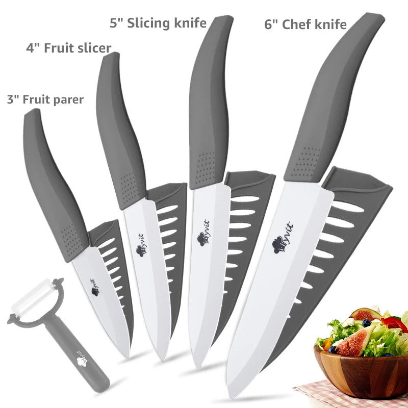 A set of five silicone slicing knives, including 4 inch fruit slicer, 5 inch and 6 inch chef knives, and a parer.