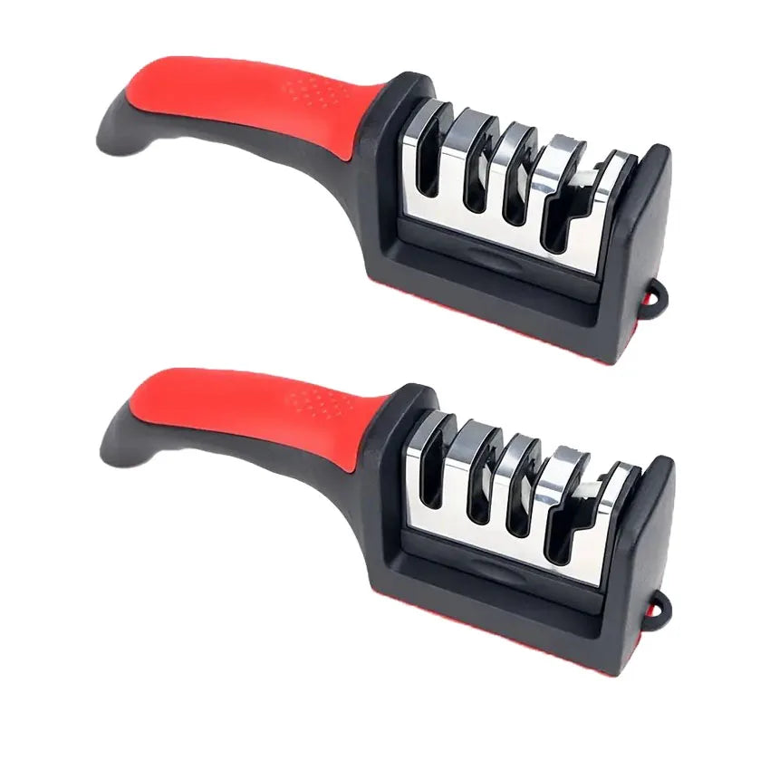 A black and red manual knife sharpener with four stages of sharpening rods.