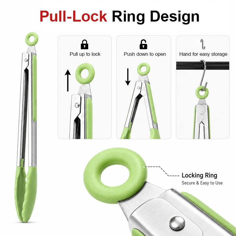 A pull-lock ring design kitchen tongs in silver and lime green, showing how to lock and unlock the tool.