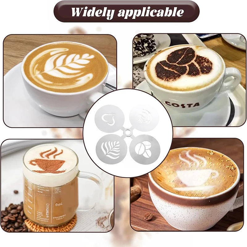 A set of stainless steel baking and barista art stencils used for creating latte art designs on coffee
