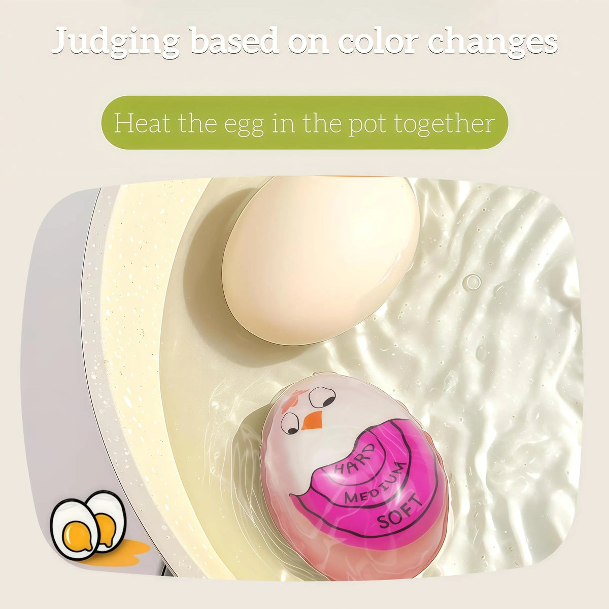 A boiled egg is shown in a pot, with a colored egg inside, demonstrating color changes for timing.