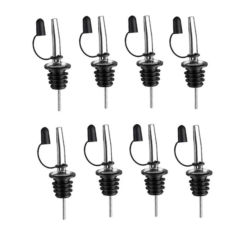 A set of ten stainless steel wine bottle stoppers and pourers displayed in various orientations.