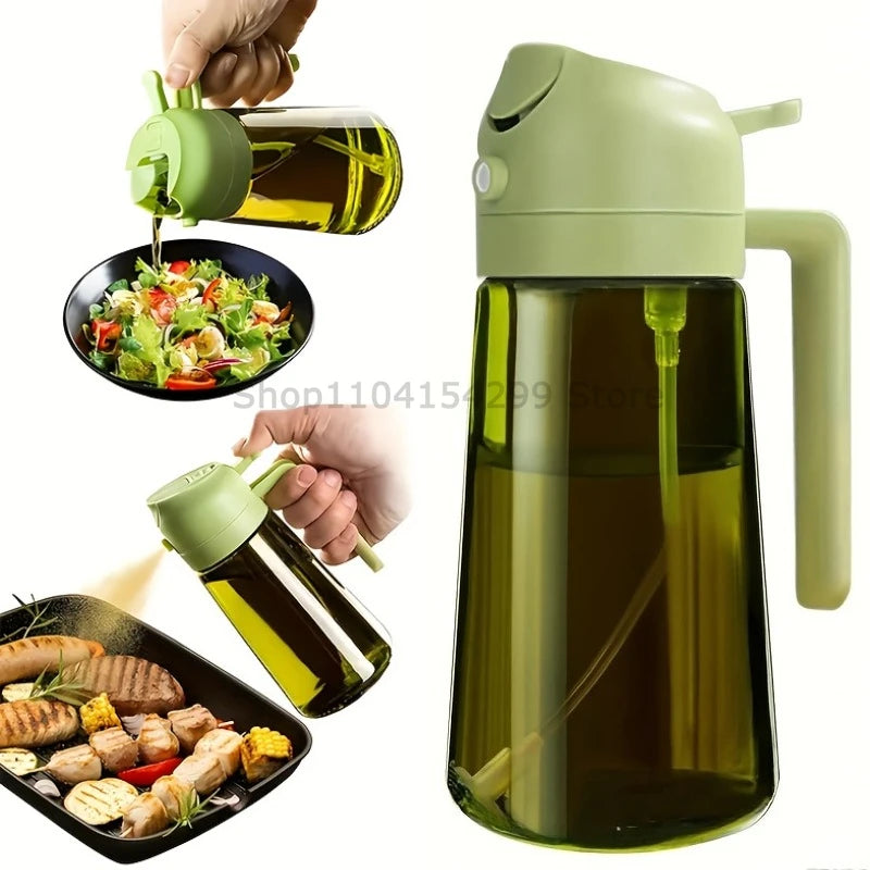 Bouteille pulvérisatrice à huile verte multifonction distribuant de l'huile d'olive sur une salade et de la nourriture pour l