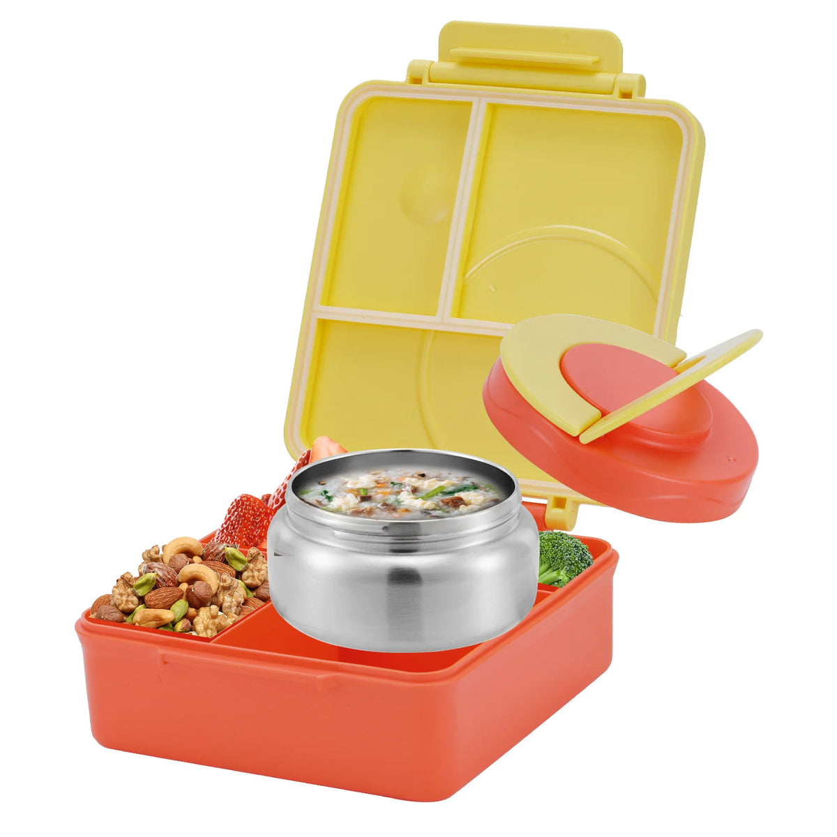 A yellow insulated four-grid bento lunch box with a stainless steel food container and an orange tray.