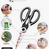 A professional stainless steel kitchen cutting scissor is shown with various functions including cutting vegetables, open bee