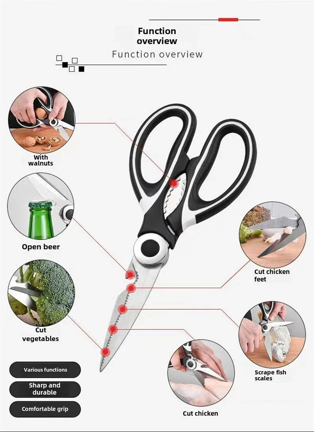 A professional stainless steel kitchen cutting scissor is shown with various functions including cutting vegetables, open bee