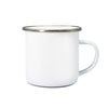 A white enamel mug with a silver rim and handle.