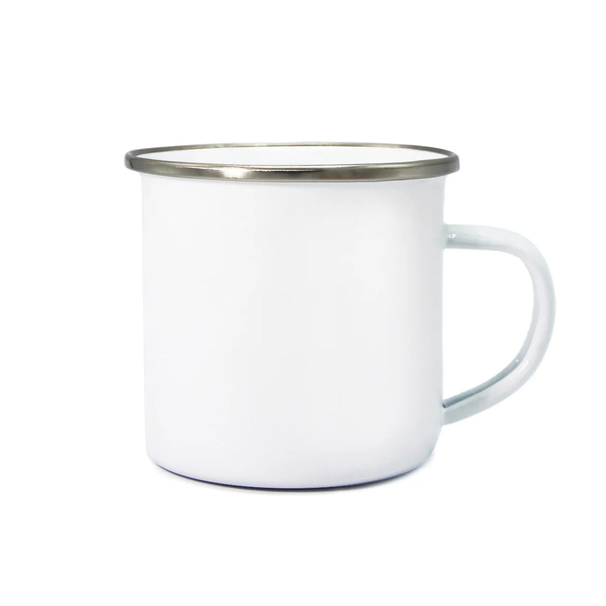 A white enamel mug with a silver rim and handle.