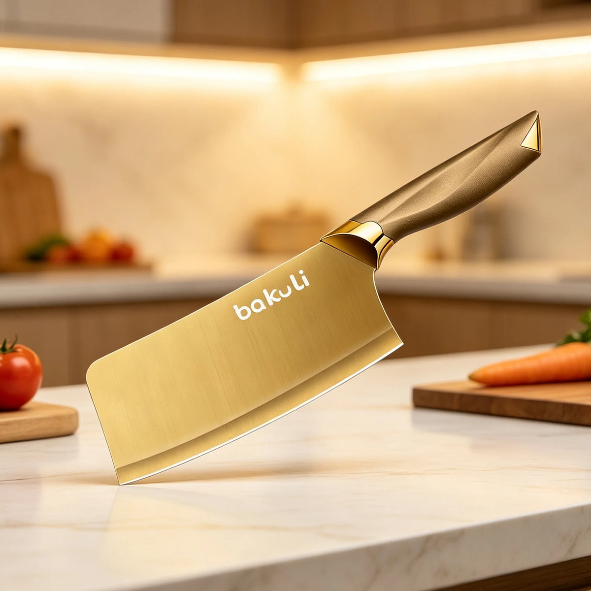A gold-toned titanium knife set with ergonomic handles resting on a marble countertop.